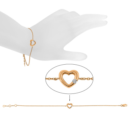 Bracelet Featuring Heart Studded with Diamond. Hypoallergenic Cadmium-free 585 (14K) Rose Gold