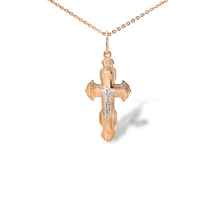 Orthodox Crucifix Pendant - Eastern Style Cross. Certified 585 (14kt) Rose and White Gold
