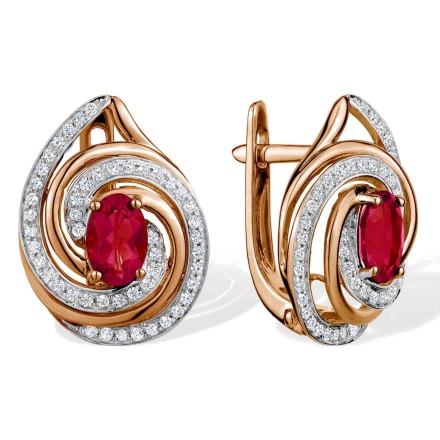 "Fantasy" Ruby and Diamond Earrings. Hypoallergenic 585 Rose Gold, Rhodium Detailing