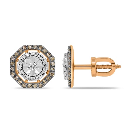 Octagonal Studs with White&Champagne Diamonds. 585 Rose&White Gold, White&Black Rhodium Detailing