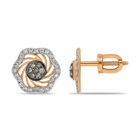 Wavy Octagonal Studs of White&Champagne Diamonds. 585 Rose Gold, White and Black Rhodium Detailing