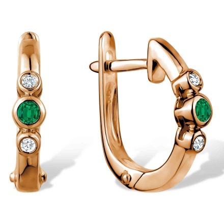 3-Stone Earrings: Center Emerald, Side Diamonds. Hypoallergenic Cadmium-free 585 (14K) Rose Gold