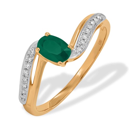 Ring Featuring Emerald and 16 Diamonds. Hypoallergenic 585 Rose Gold, Rhodium Detailing