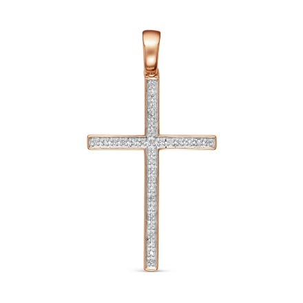 Christian Cross Pendant with 32 Pave Diamonds. Certified 585 (14kt) Rose Gold, Rhodium Detailing