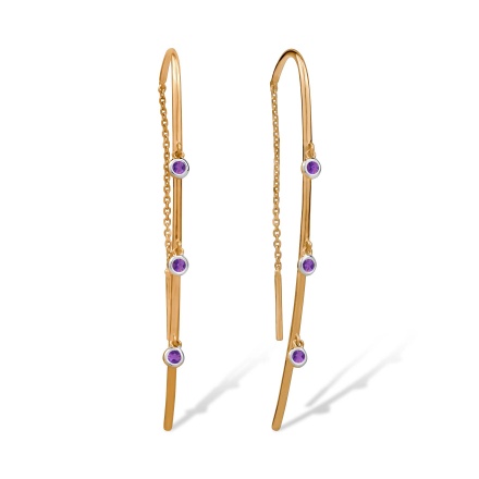Threader Earrings with Hanging Amethysts. Hypoallergenic 585 Rose Gold, Rhodium Detailing
