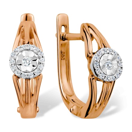 Earrings with Illusion Set Diamond in Diamond Halo. Hypoallergenic 585 (14K) Rose and White Gold