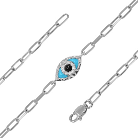 Evil Eye Paperclip Link Bracelet of 14K White Gold. Diamonds, Turquoise and Black Onyx. View 2