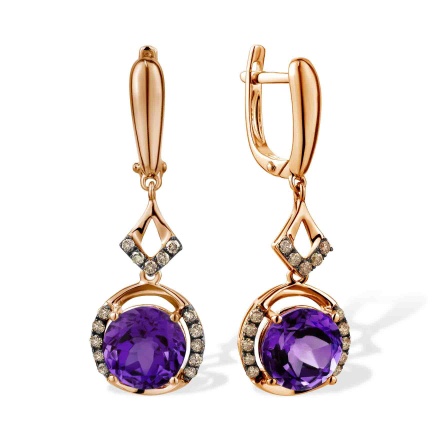 Amethyst and Champagne Diamond Dangle Earrings. Hypoallergenic 585 (14K) Rose Gold, Black Rhodium