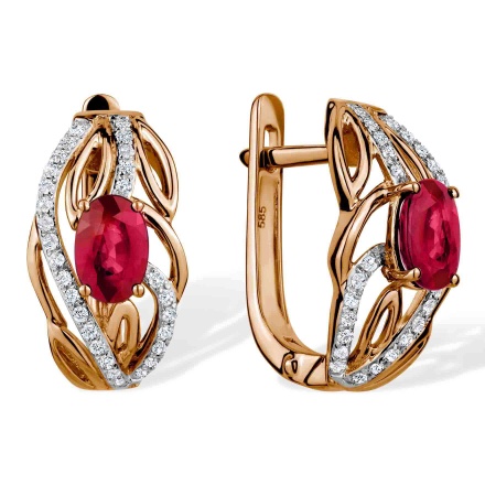 Respectable Earrings with Diamonds and Sultry Ruby. Hypoallergenic 585 Rose Gold, Rhodium Detailing