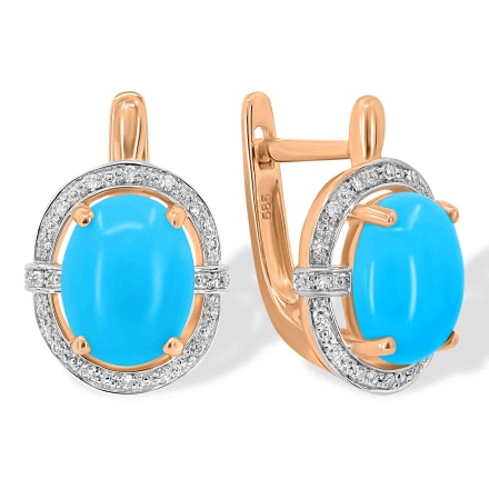 Earrings with Turquoise Cabochon in Diamond Frame. Hypoallergenic 585 Rose Gold, Rhodium Detailing