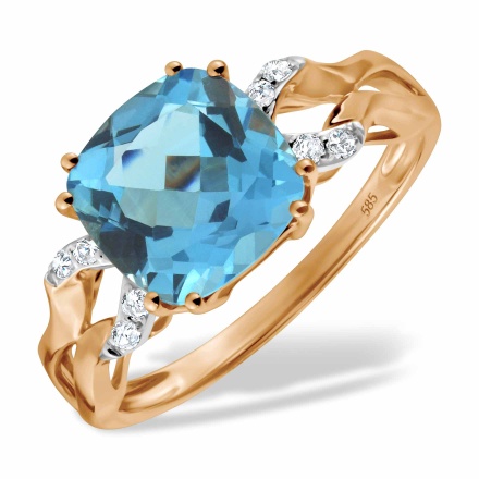 Neoclassical Ring with Blue Topaz and Diamonds. Hypoallergenic 585 Rose Gold, Rhodium Detailing