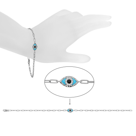 Evil Eye Paperclip Link Bracelet of 14K White Gold. Diamonds, Turquoise and Black Onyx