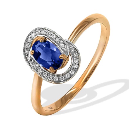 Pure Classic Ring with Sapphire and Diamonds. Hypoallergenic 585 Rose Gold, Rhodium Detailing