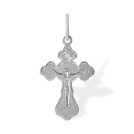 NИKA Diamond Orthodox Crucifix Pendant. Virgin Mary's Tear Series, 585 (14kt) White Gold