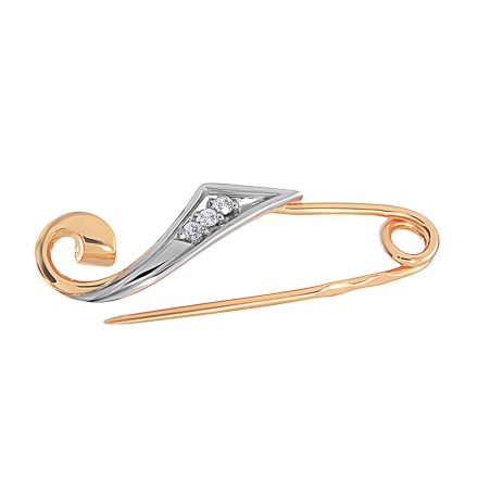 Safety Pin-Pendant with 3 CZs. Certified 585 (14kt) Rose Gold, Rhodium Detailing