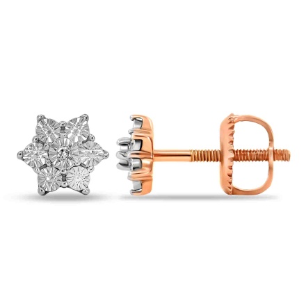 Snowflake-inspired Stud Earrings with Two Diamonds. Tested 585 (14K) Rose and White Gold, Screw Backs
