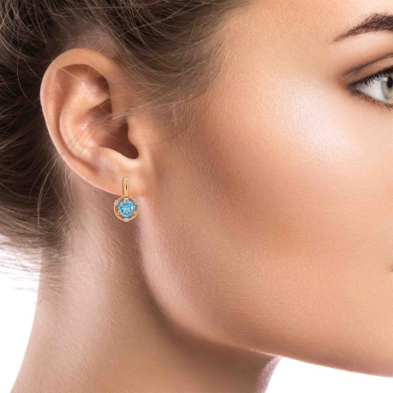 Earrings Featuring 2 Blue Topazes and 6 Diamonds. Hypoallergenic 585 Rose Gold, Rhodium Detailing. View 3