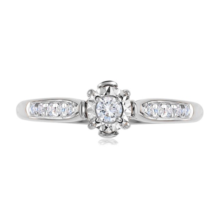 Fashionable Ring with Center and Side Diamonds in White Gold. View 2