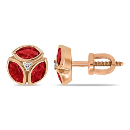Marquise-shaped Ruby and Round Diamond Studs. Hypoallergenic 585 (14K) Rose Gold, Screw Backs