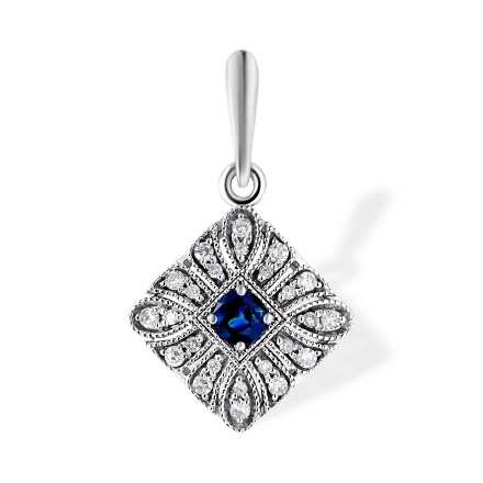Art Deco-style Sapphire and Diamond Pendant. Certified 585 (14kt) White Gold, Rhodium Finish