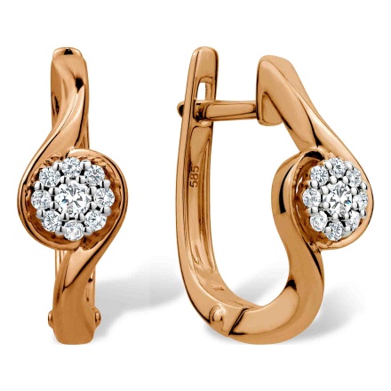 Intriguing Earrings with Full Cut Diamond Clusters. Hypoallergenic 585 Rose Gold, Rhodium Detailing