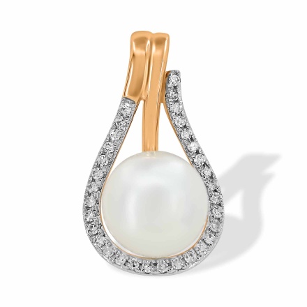 Pendant  with 7.5mm Cultured Pearl and 32 Diamonds. Hypoallergenic 585 Rose Gold, Rhodium Detailing