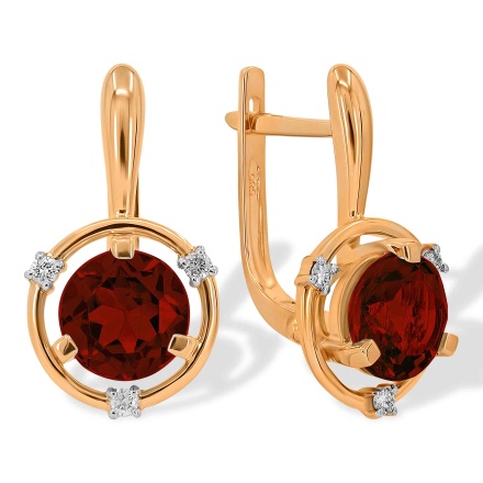 Earrings Featuring 2 Garnets and 6 Diamonds. Hypoallergenic 585 Rose Gold, Rhodium Detailing