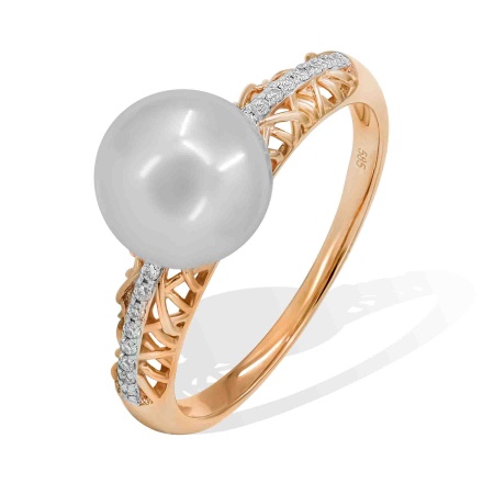 Filigree Ring with 9mm Pearl and 16 Diamonds. Hypoallergenic 585 Rose Gold, Rhodium Detailing