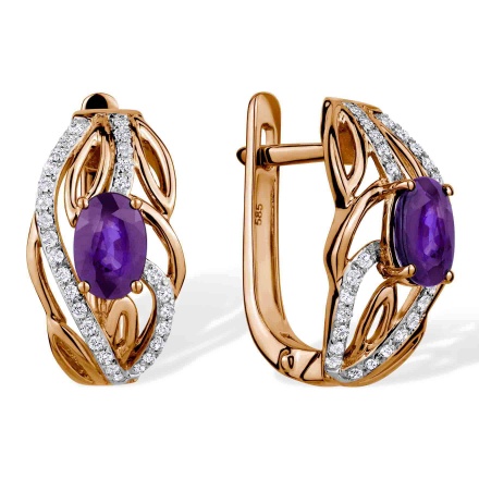 Respectable Earrings with Amethyst and Diamonds. Hypoallergenic 585 Rose Gold, Rhodium Detailing