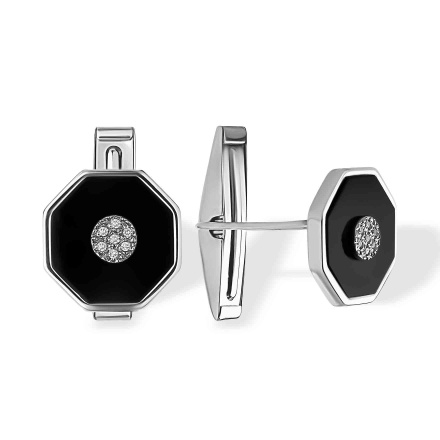 Octagon Black Onyx Diamond Cufflinks in White Gold. Certified 585 (14kt) White Gold