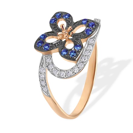 Diamond and Sapphire Flower Ring. 585 (14kt) Rose Gold, Rhodium Detailing