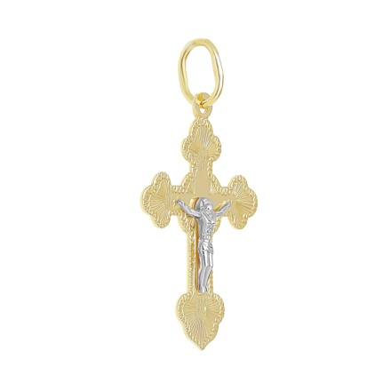 Russian lace-inspired Orthodox cross pendant in 14kt yellow and white gold. View 2