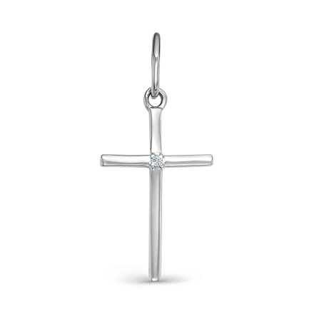 Austere Protestant Cross with a Tiny Diamond. Certified 585 (14kt) White Gold, Rhodium Finish