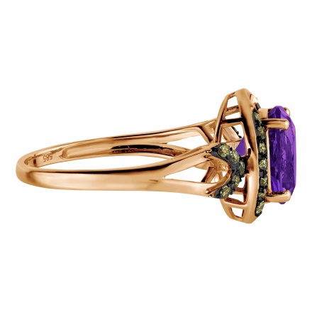 Ring with Round Amethyst and Champagne Diamonds. Hypoallergenic 585 (14K) Rose Gold, Black Rhodium. View 3