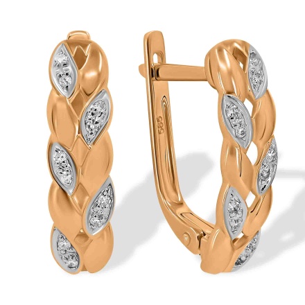 "Golden Ear of Wheat" Earrings with 20 Diamonds. Hypoallergenic 585 Rose Gold, Rhodium Detailing