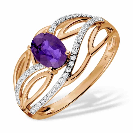 Ring with Sultry Amethyst and 45 Diamonds. Hypoallergenic 585 Rose Gold, Rhodium Detailing