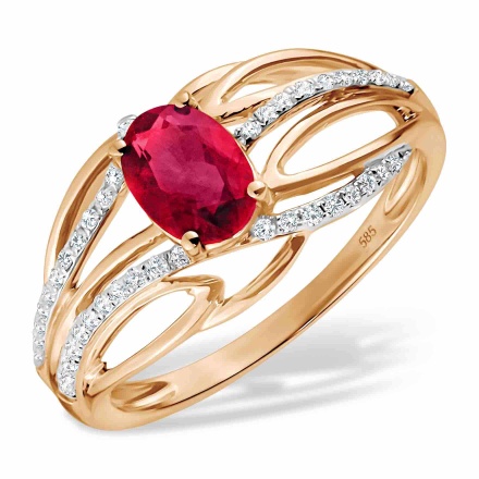 Gorgeous Ring Featuring Oval Ruby and Diamonds. Hypoallergenic 585 Rose Gold, Rhodium Detailing