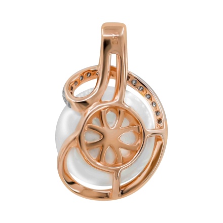 Prestige 10.5mm Pearl and 17 Diamonds Pendant. Hypoallergenic 585 Rose Gold, Rhodium Detailing. View 4