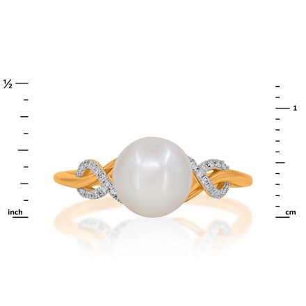 Ring with 8mm Cultured Pearl and 28 Diamonds. Hypoallergenic 585 Rose Gold, Rhodium Detailing. View 2