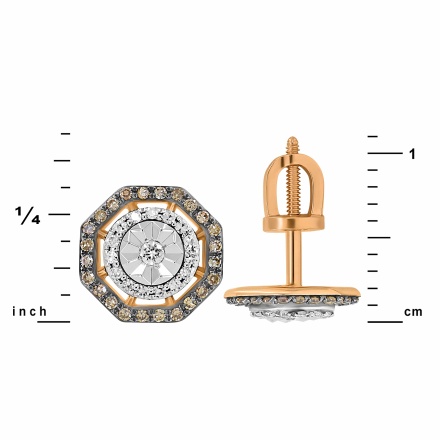 Octagonal Studs with White&Champagne Diamonds. 585 Rose&White Gold, White&Black Rhodium Detailing. View 2