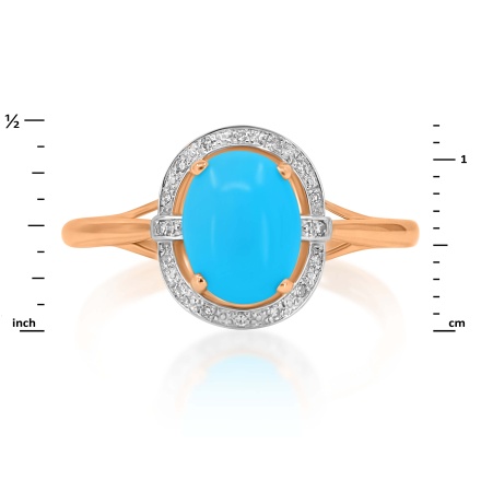 Ring with Turquoise Cabochon in Diamond Frame. Hypoallergenic 585 Rose Gold, Rhodium Detailing. View 2