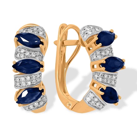 Earrings with Diamonds and Marquise-cut Sapphires. Hypoallergenic 585 Rose Gold, Rhodium Detailing