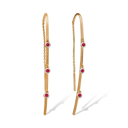 Threader Earrings with Hanging Rubies. Hypoallergenic 585 Rose Gold, Rhodium Detailing