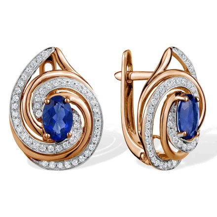 "Fantasy" Sapphire and Diamond Earrings. Hypoallergenic 585 Rose Gold, Rhodium Detailing