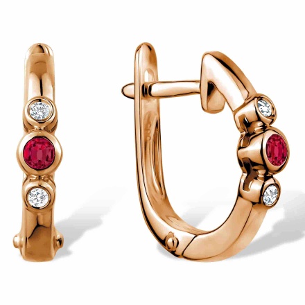 3-Stone Earrings: Center Ruby, Side Diamonds. Hypoallergenic Cadmium-free 585 (14K) Rose Gold