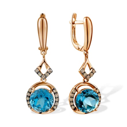Blue Topaz and Champagne Diamond Dangle Earrings. Hypoallergenic 585 (14K) Rose Gold, Black Rhodium