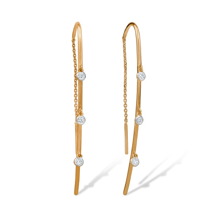 Rose Gold Threader Earrings with Hanging Diamonds. Hypoallergenic 585 Rose Gold, Rhodium Detailing