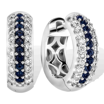 Diamond and Sapphire Striped Huggie Earrings. Tested 585 (14K) White Gold, Rhodium Finish