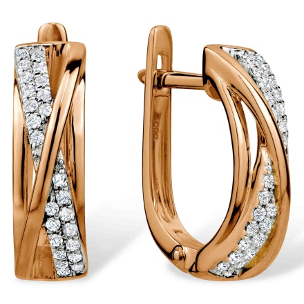 Criss-cross Earrings of Diamonds and Gold. Hypoallergenic 585 Rose Gold, Rhodium Detailing