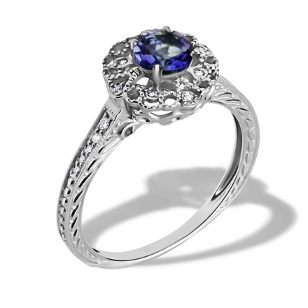 Sapphire and Diamond Openwork Ring. Certified 585 (14kt) White Gold, Rhodium Finish